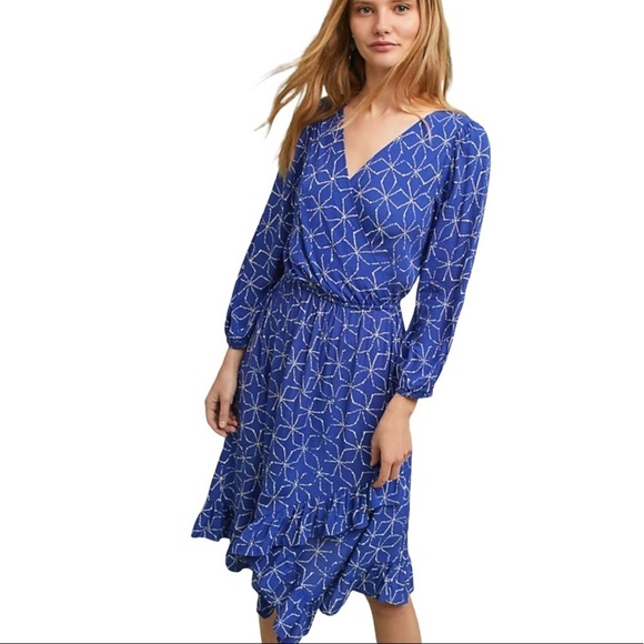 Plenty by Tracy Reese Blue Pinwheel Print Faux Wrap Asymmetrical Ruffle Dress S - Picture 1 of 10